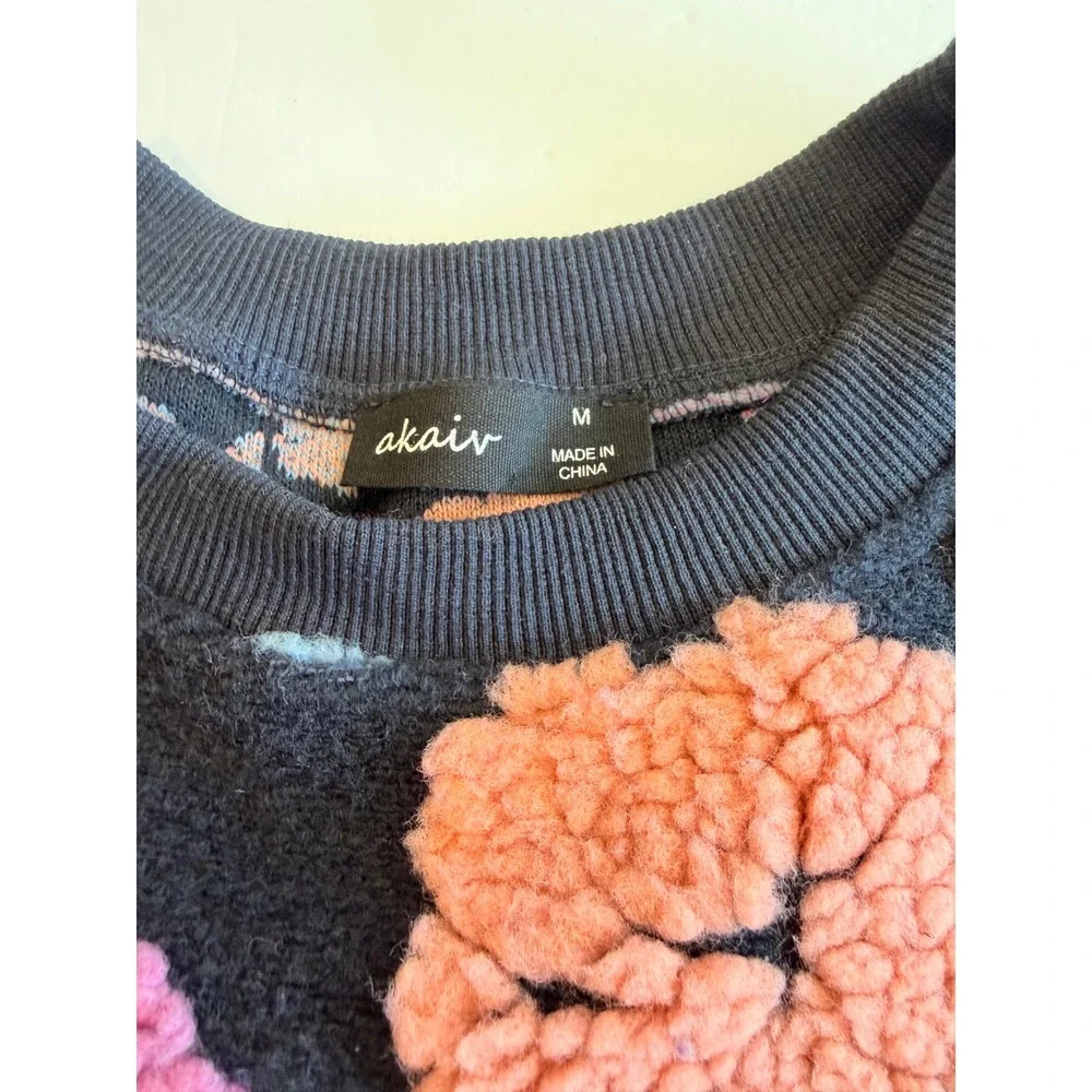 Akair Floral Sherpa Fleece Sweatshirt Multi Color 3D Flower Pullover M